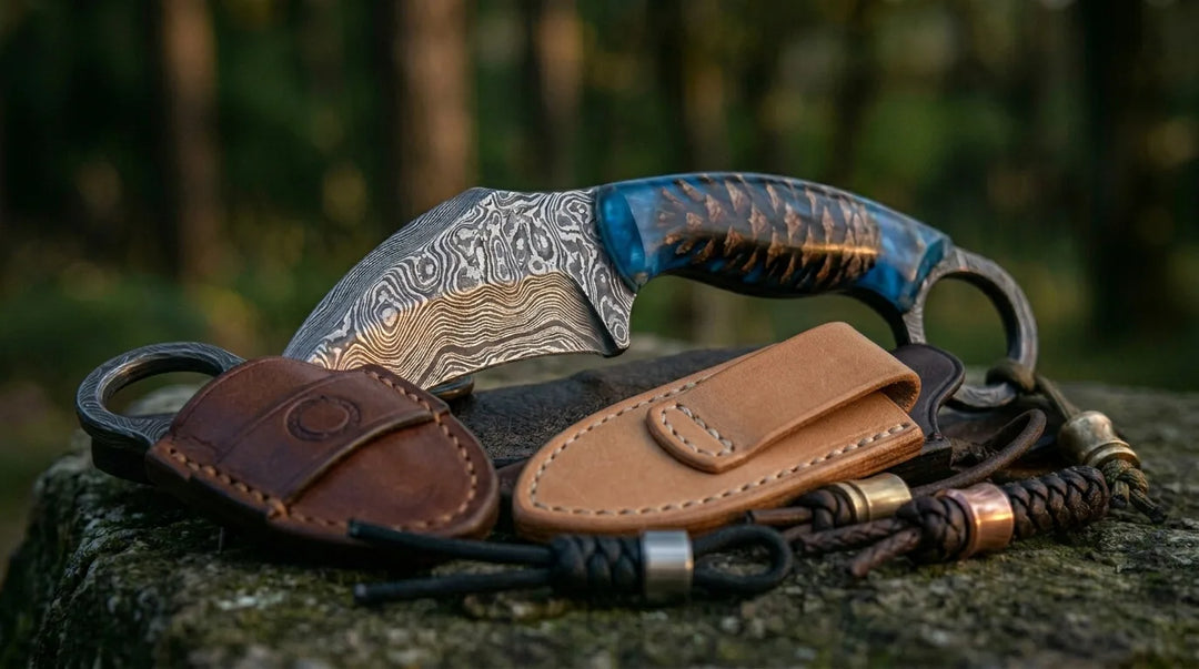 Handmade Damascus karambit knife with ring handle on leather and wood
