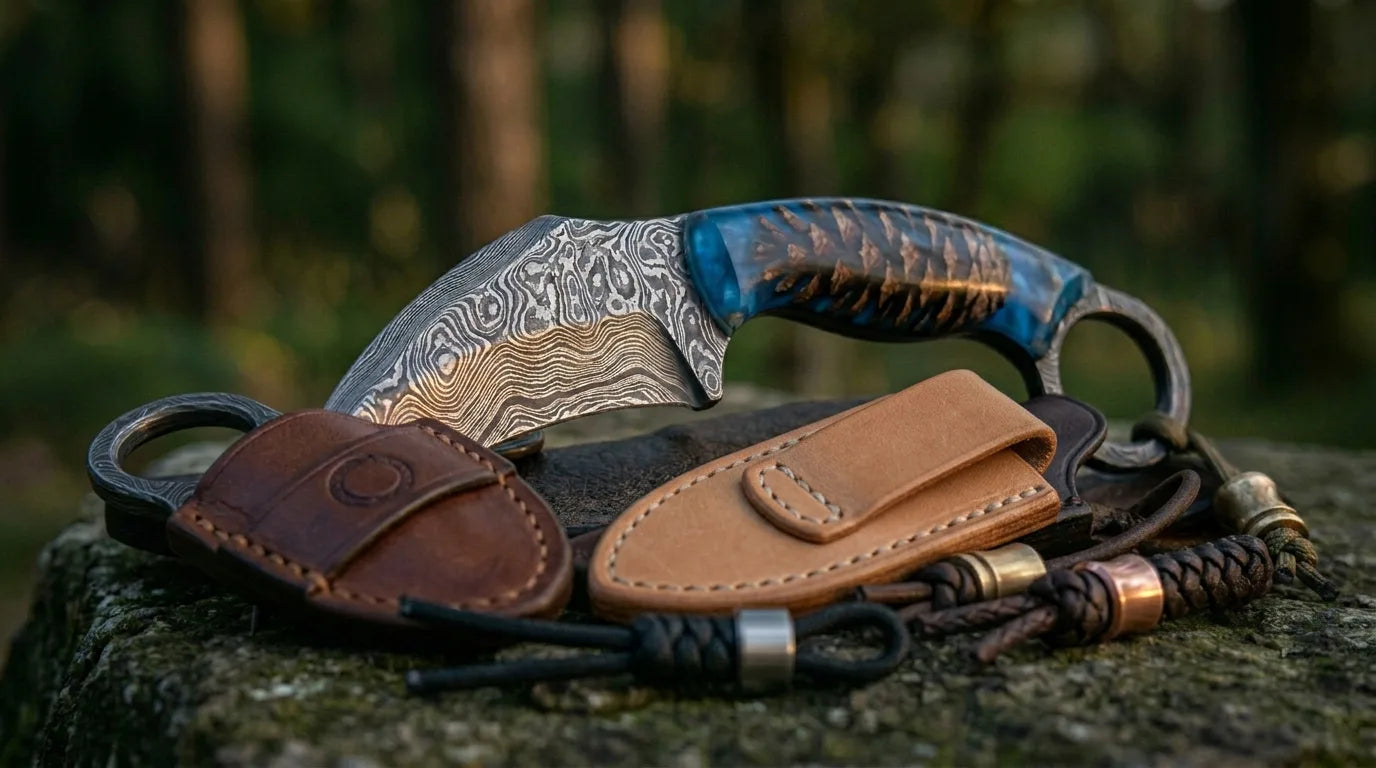 Handmade Damascus karambit knife with ring handle on leather and wood