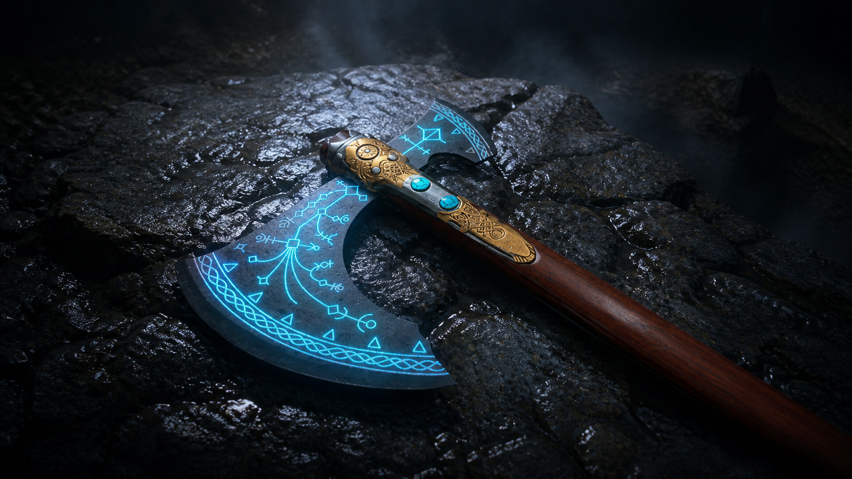 Hand-forged Norse fantasy axe with glowing blue runes resting on dark stone, evoking the God of War Leviathan aesthetic