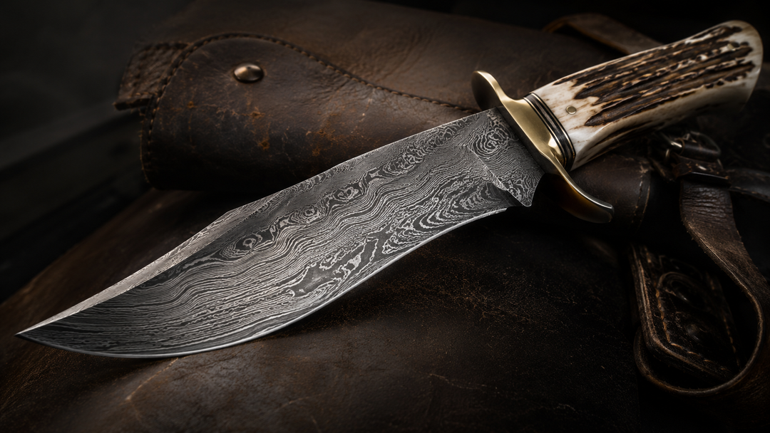 Hand-forged Damascus Bowie knife with stag horn handle and brass guard on dark leather background