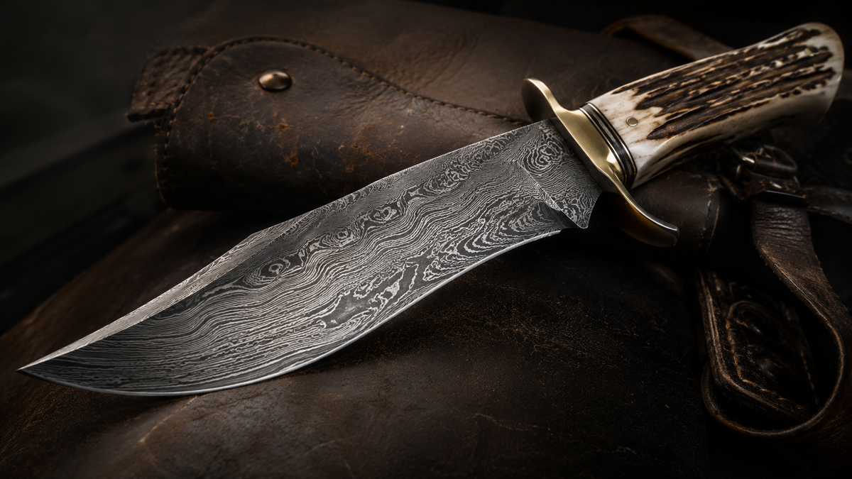 Hand-forged Damascus Bowie knife with stag horn handle and brass guard on dark leather background