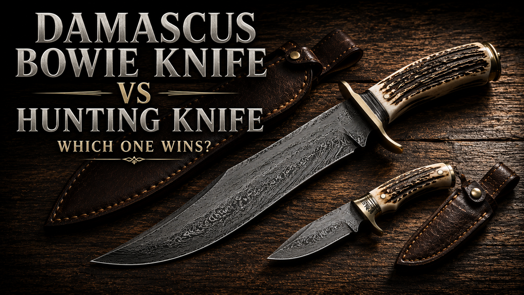 Hand-forged Damascus Bowie knife and Damascus drop-point hunting knife with leather sheaths on dark wooden surface