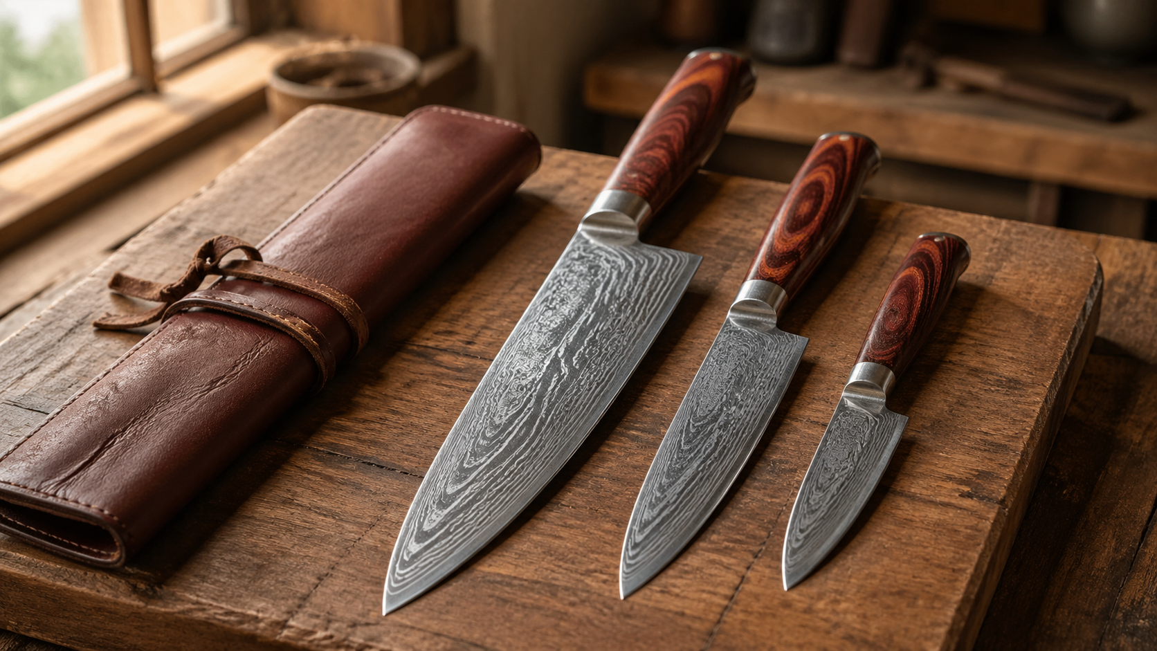 Handmade Damascus steel kitchen knife set with rosewood handles laid on a wooden surface — best kitchen knife set for mom