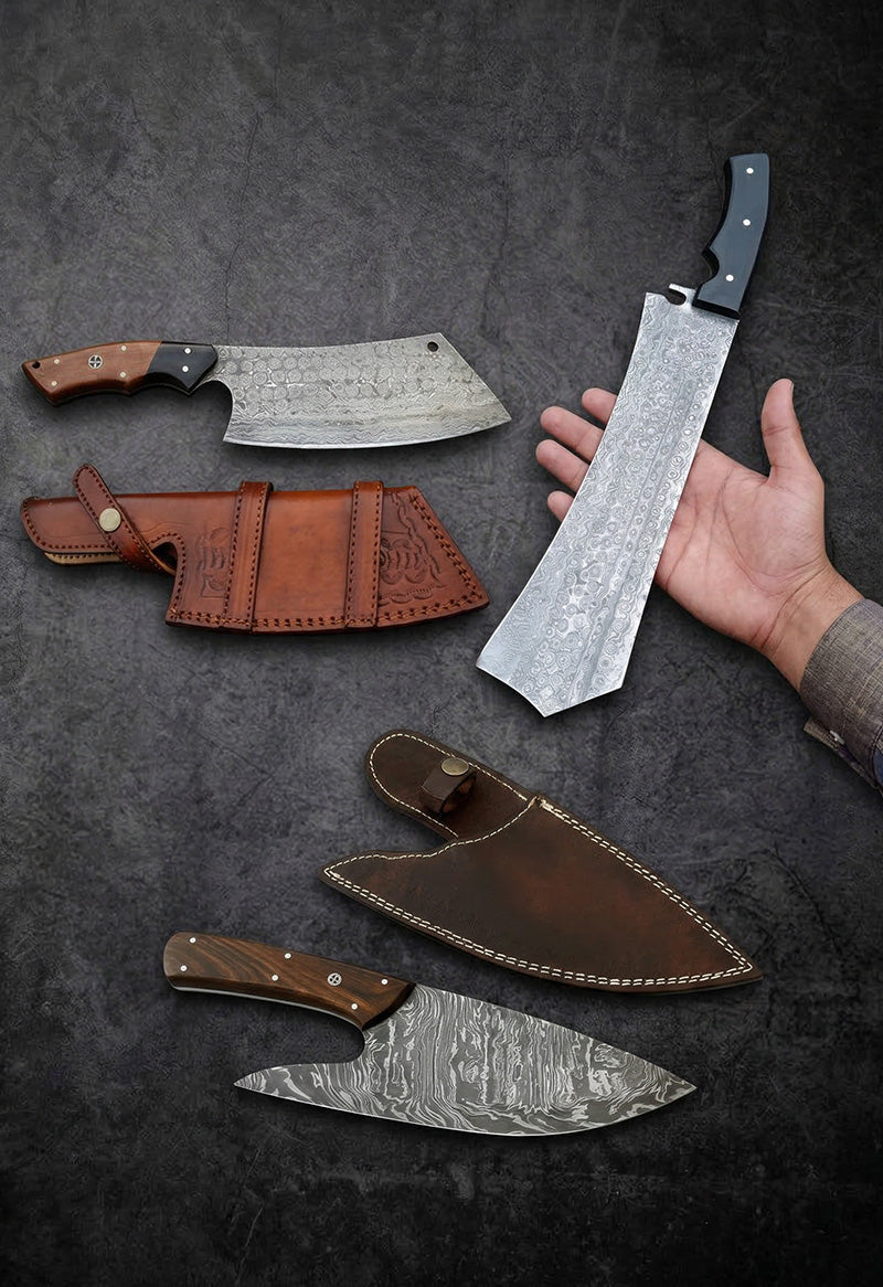 Handmade Damascus steel cleaver knife with leather sheath displayed by hand – JW Steel Crafts custom butcher cleaver knife collection
