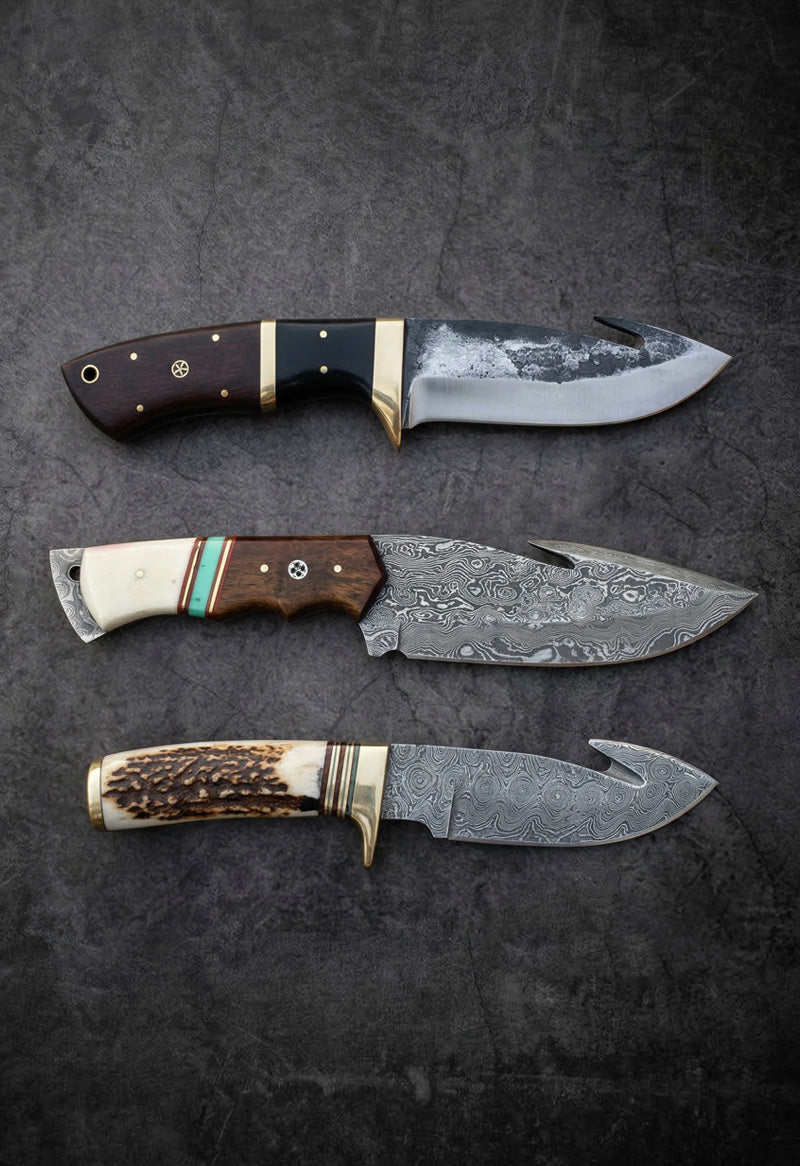 Handmade Damascus steel gut hook hunting knives with stag antler and bone handles – JW Steel Crafts custom gut hook knife collection