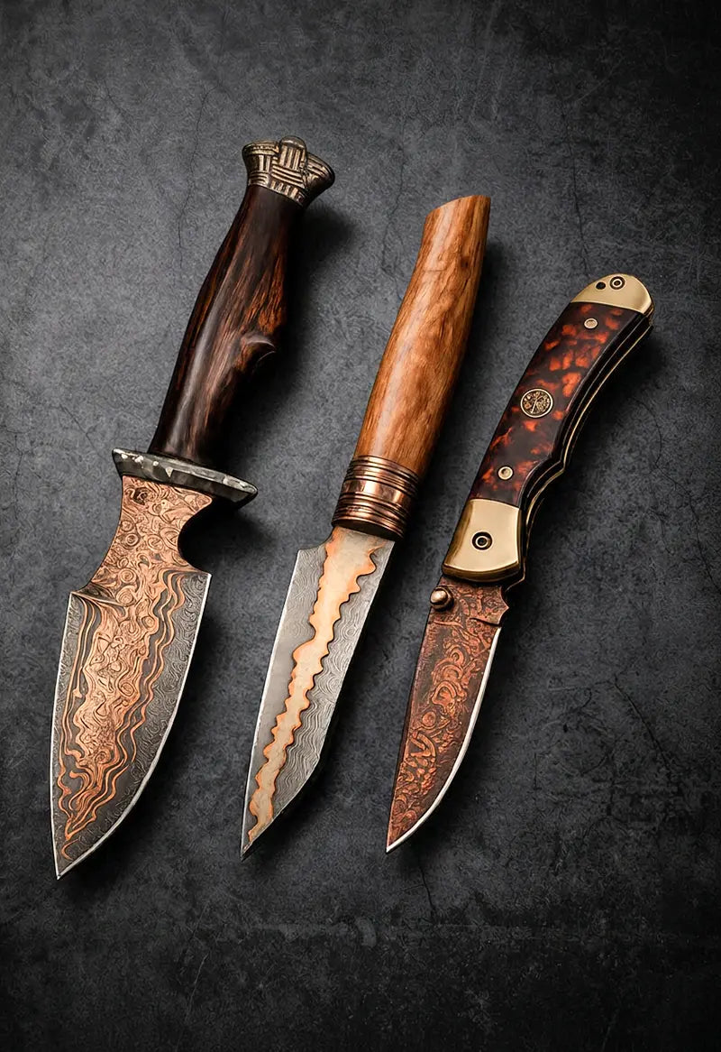Three handcrafted copper Damascus steel knives with ornate patterned blades and wooden handles displayed on a dark textured background.