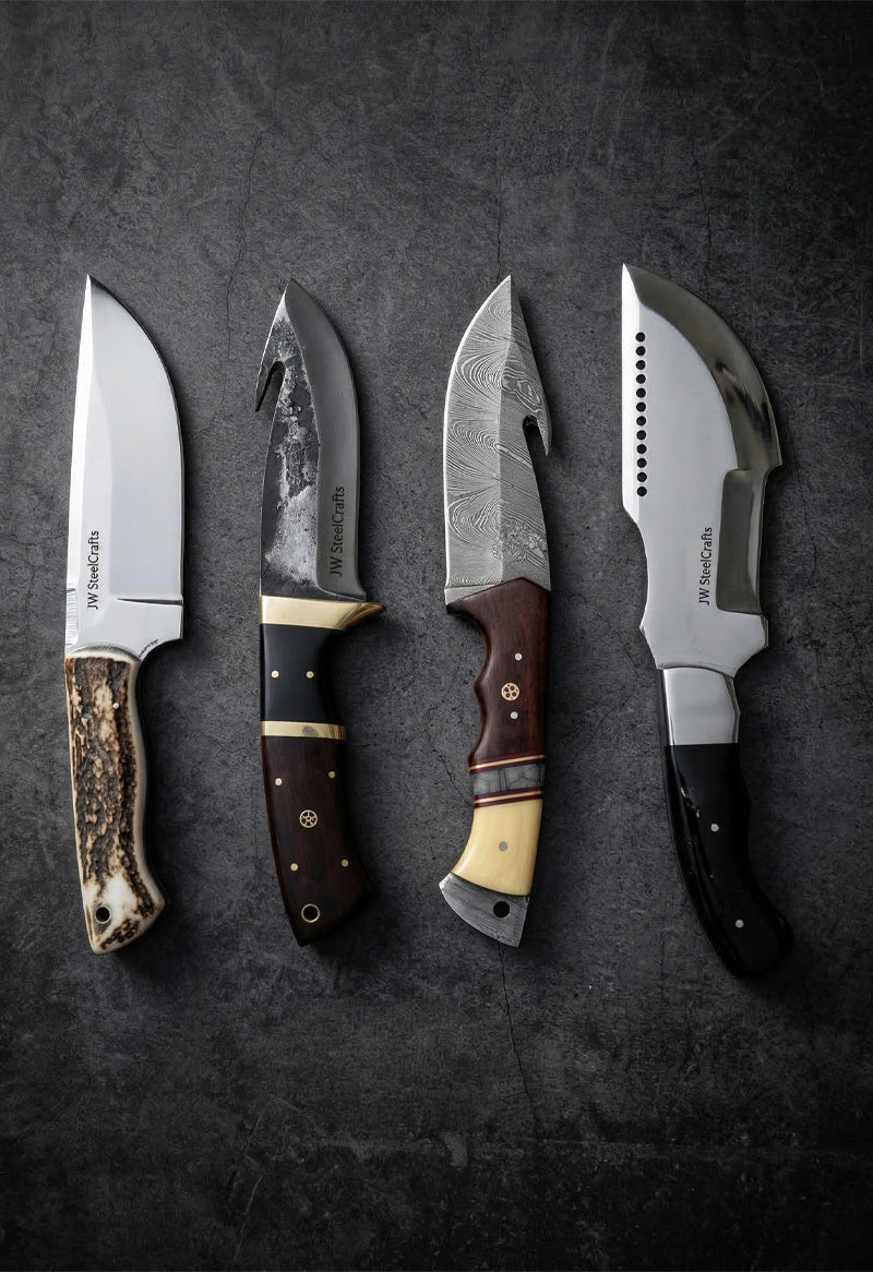 Set of handmade skinner knives with Damascus steel blades, wood and bone handles – JW Steel Crafts custom hunting skinner knife collection