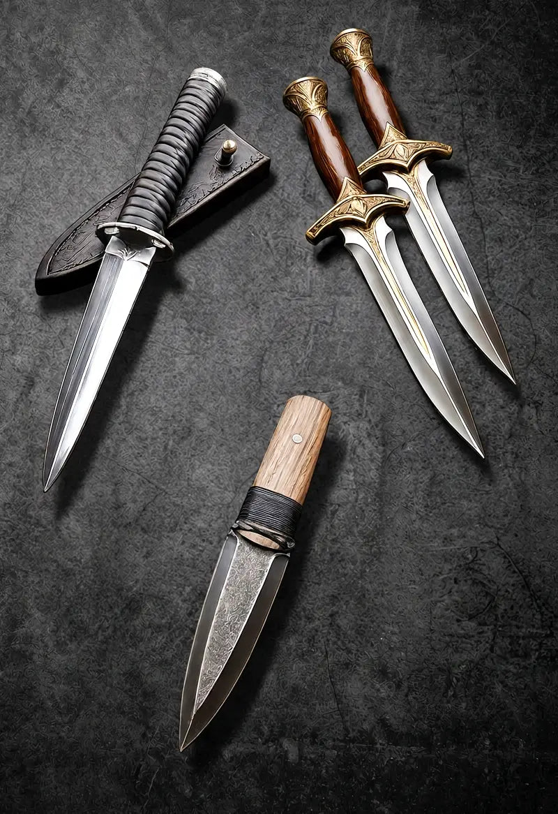 Collection of handmade daggers with detailed metal blades and decorative handles arranged on a dark stone surface.