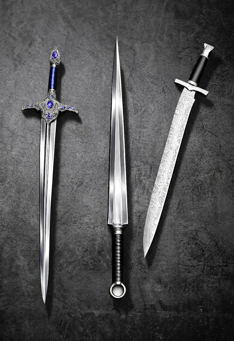 Three historical replica swords with polished steel blades and medieval-style hilts displayed vertically on a dark background.
