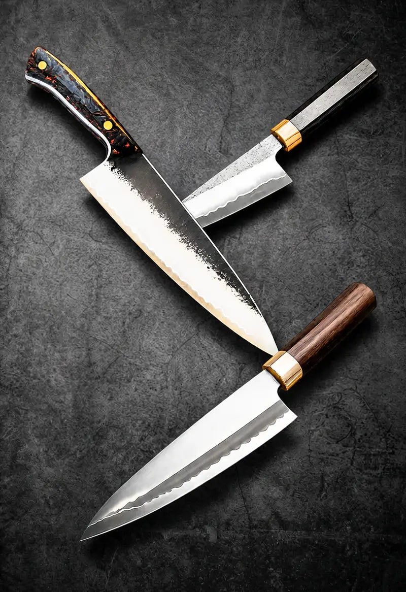 Two San Mai Damascus chef knives with layered steel blades and wooden handles placed on a dark textured surface.