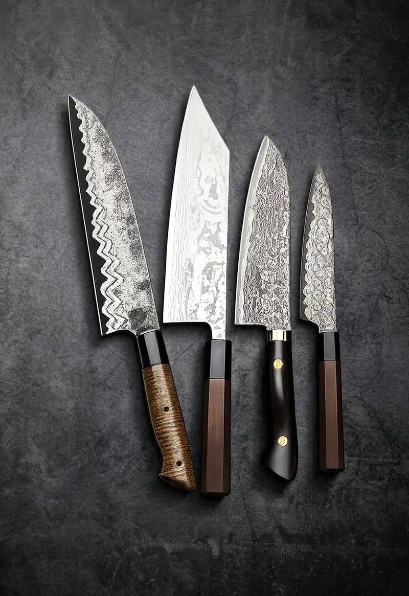 Set of stainless Damascus kitchen knives with patterned blades and black and wooden handles displayed on a dark background.