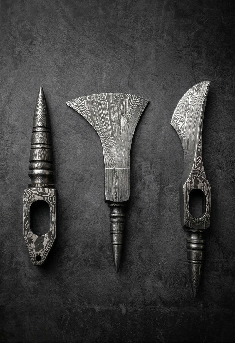 Handmade forged Damascus steel axe head blanks with spike and bearded axe designs for custom axe making – JW Steel Crafts raw axe head blank supply collection