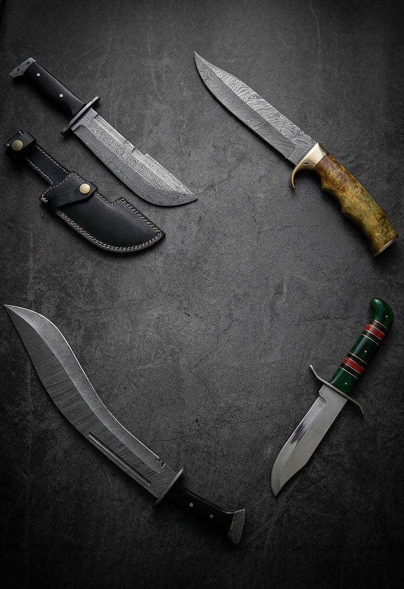 Handmade Damascus steel Bowie knives with leather sheaths and bone handles – JW Steel Crafts custom Bowie knife collection