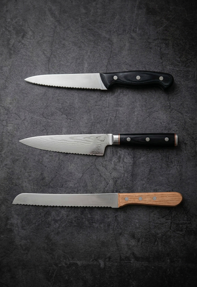 Handmade serrated bread knife with high carbon steel blade and wood handle – JW Steel Crafts custom kitchen bread knife collection