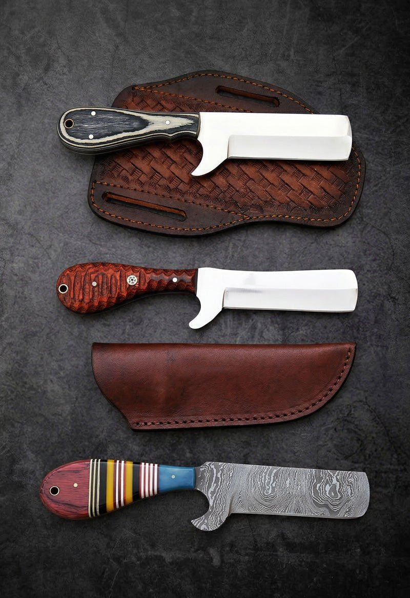 Custom handmade bull cutter knives with Damascus steel blades, multicolor resin handles and tooled leather sheaths – JW Steel Crafts Western bull cutter knife collection