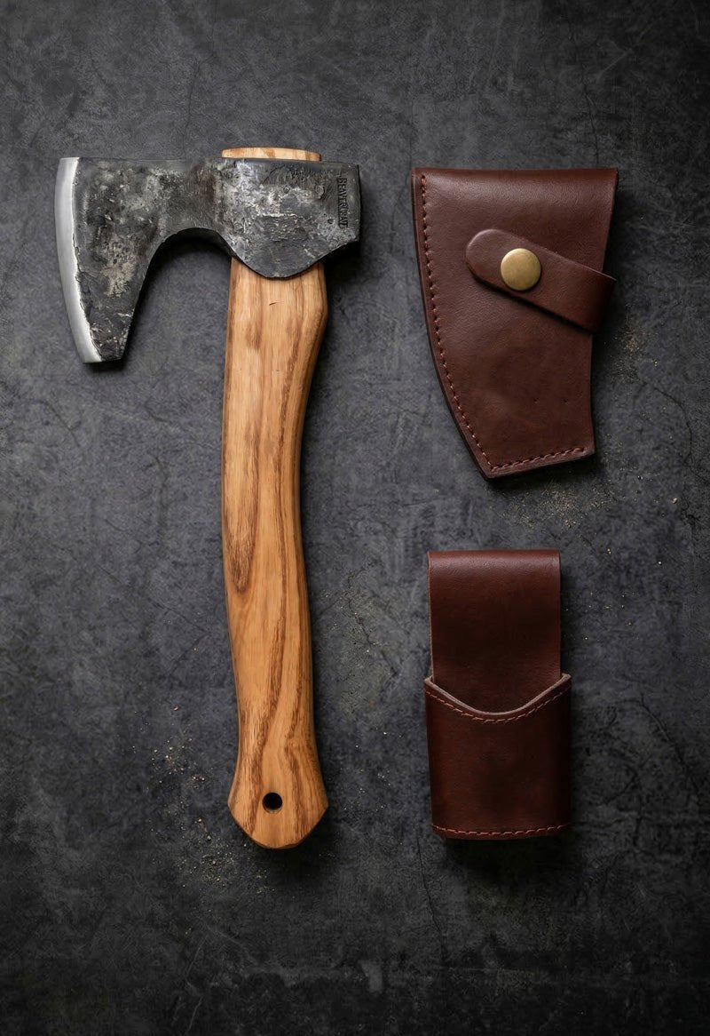 Handmade bushcraft axe with hand-forged steel head, olive wood handle and brown leather sheath – JW Steel Crafts custom survival bushcraft axe collection