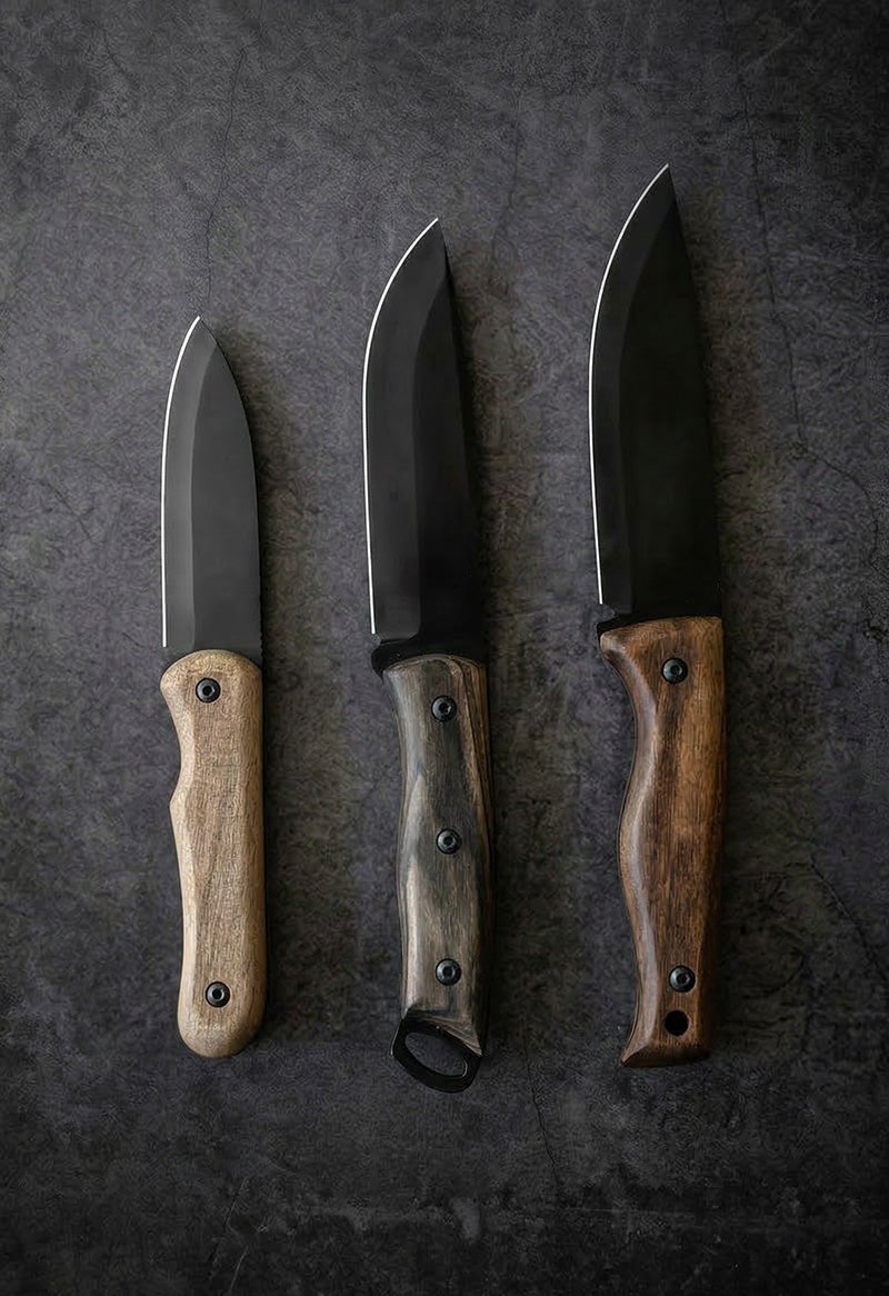 Handmade bushcraft survival knives with high carbon steel blades and walnut wood handles – JW Steel Crafts custom bushcraft knife collection