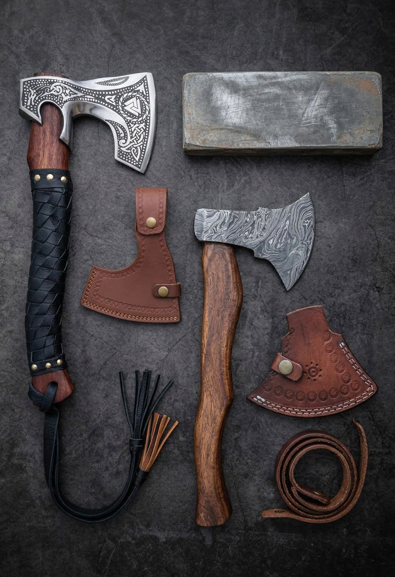 Handmade engraved camping axes with Damascus steel blades, braided leather handle and tooled leather sheaths – JW Steel Crafts custom outdoor camping axe collection