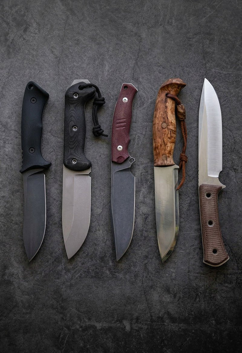 Handmade camping survival knives with high carbon steel blades, burl wood and micarta handles – JW Steel Crafts custom outdoor camping knife collection