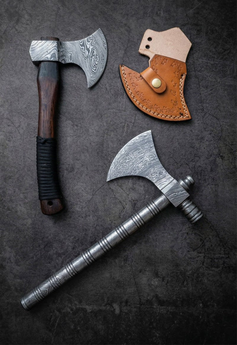 Handmade Damascus steel camping tomahawks with wood and paracord wrapped handles and tan leather sheath – JW Steel Crafts custom outdoor camping tomahawk axe collection