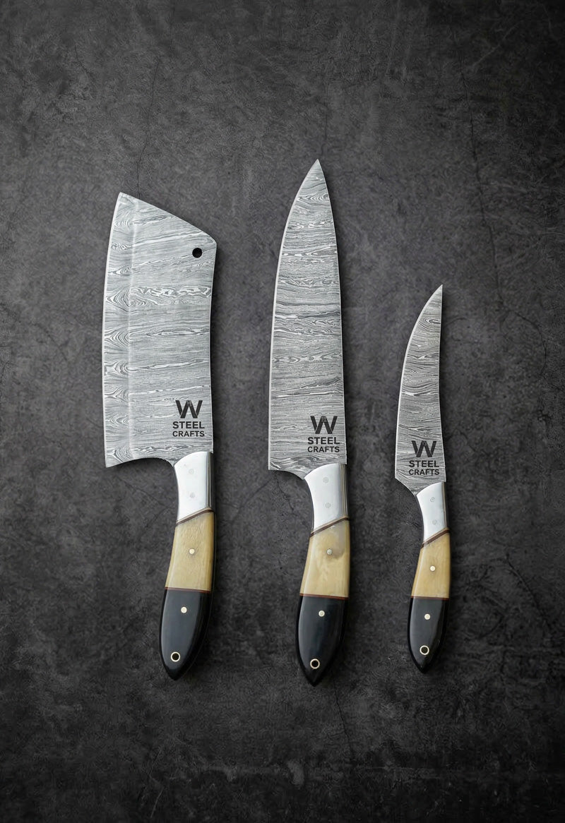 Handmade Damascus steel chef knife with bone handle and cleaver – JW Steel Crafts custom professional chef knife collection