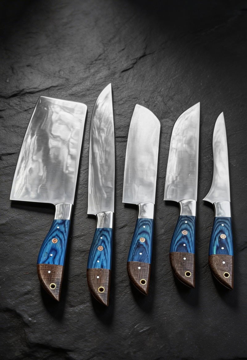 Handmade Damascus steel chef knife set with blue pakkawood handles – JW Steel Crafts professional kitchen knife gift set collection