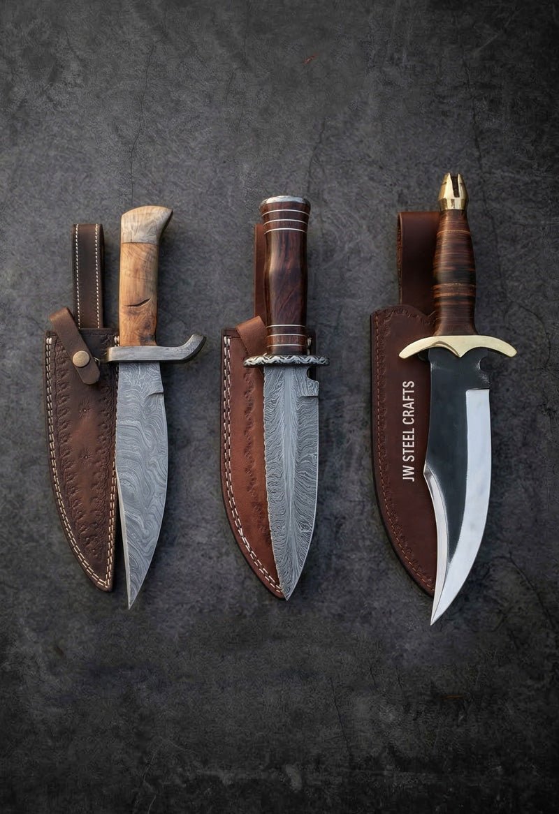 Set of handmade clip point Bowie knives with Damascus steel blades, wood and stag handles in leather sheaths – JW Steel Crafts clip point Bowie collection