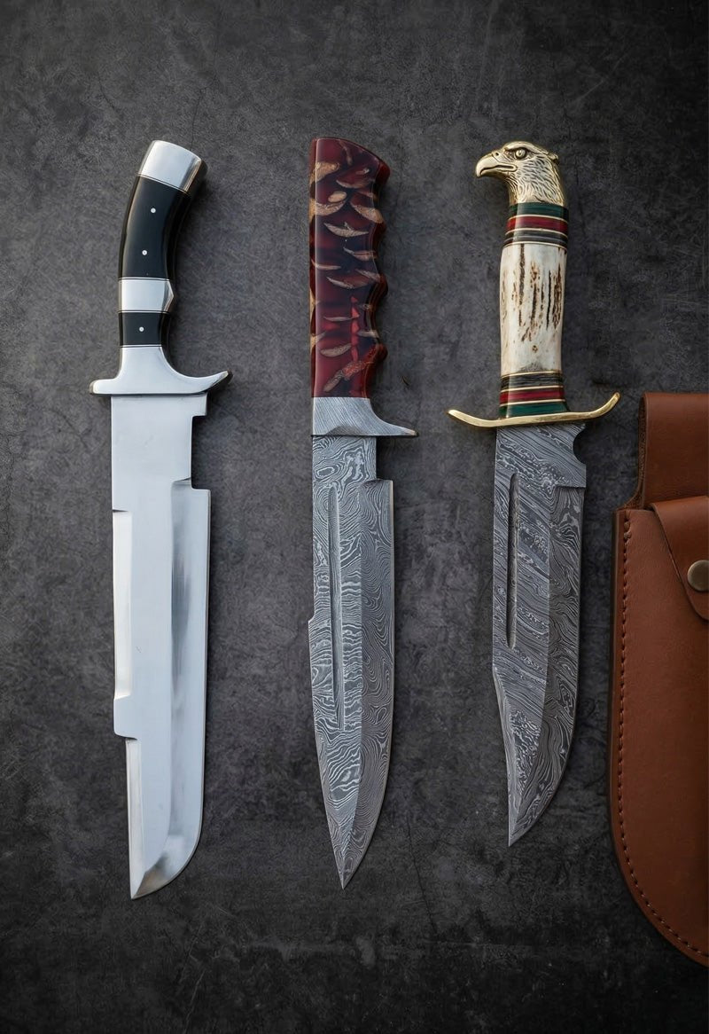 Handmade Damascus and stainless steel coffin handle Bowie knives with stag horn and resin handles – JW Steel Crafts coffin handle Bowie knife collection