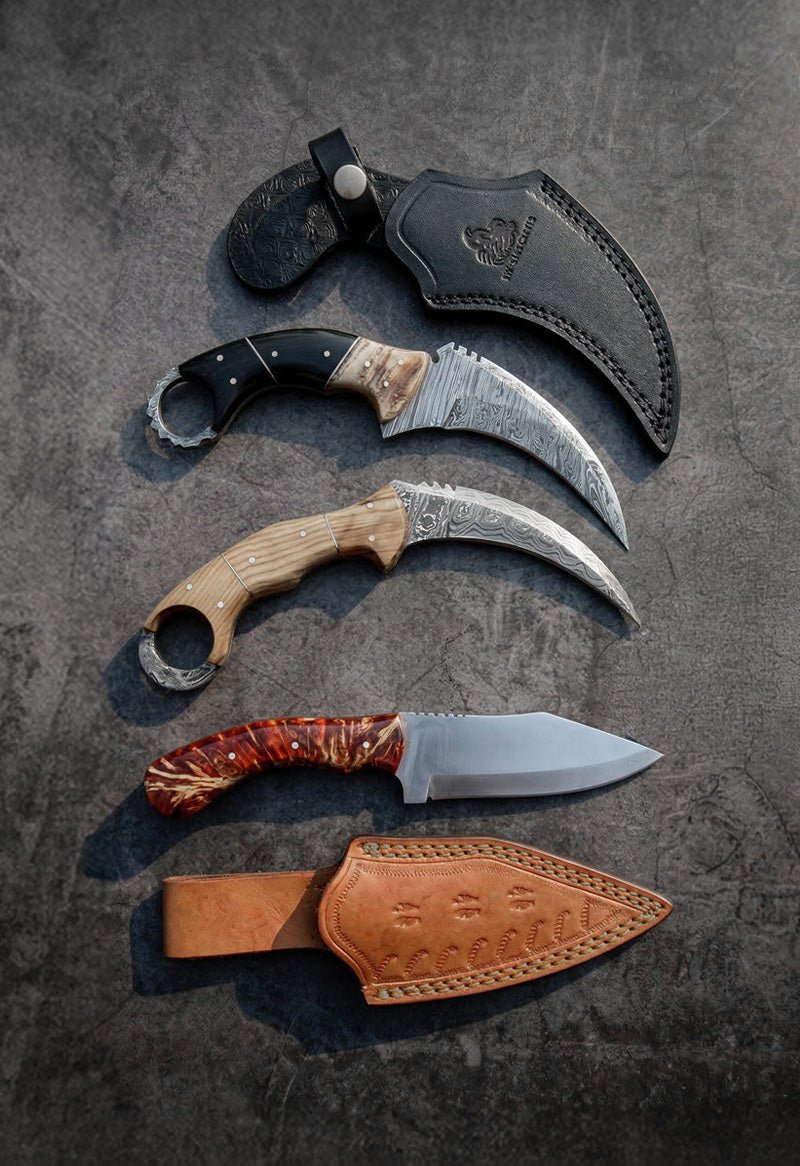 Handmade karambit knives with curved blades, leather sheaths, and wood handles – JW Steel Crafts custom karambit knife collection