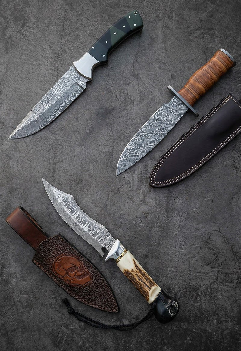 Handmade Damascus steel Bowie knives with stag horn handle and tooled leather sheath – JW Steel Crafts Damascus Bowie knife collection