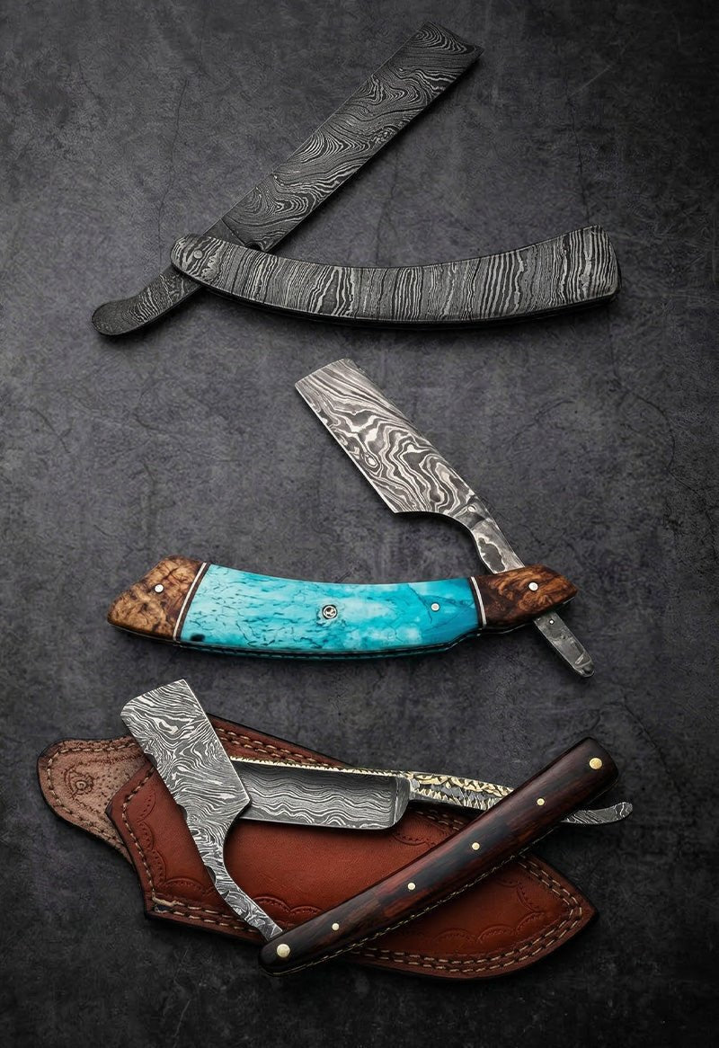 Handmade Damascus steel straight razors with turquoise, wood and leather handles and tooled leather sheaths – JW Steel Crafts custom Damascus straight razor collection