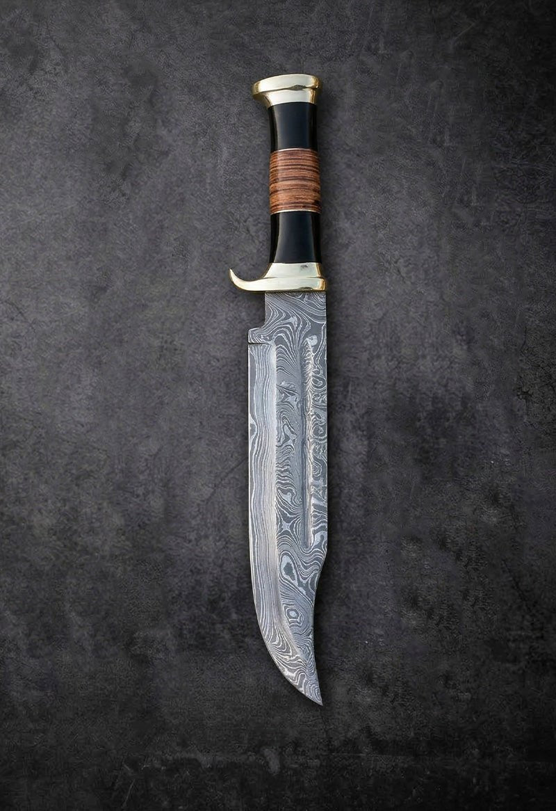 Handmade Damascus steel Dundee Bowie knife with leather-wrapped handle and brass guard – JW Steel Crafts custom Dundee Bowie knife