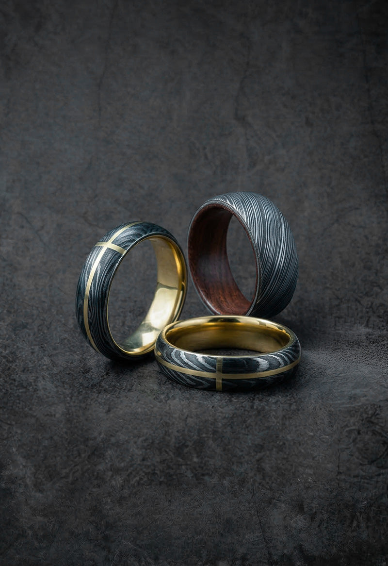 andmade Damascus steel engagement rings with gold and wood inlay – JW Steel Crafts custom men's Damascus wedding band and engagement ring collection