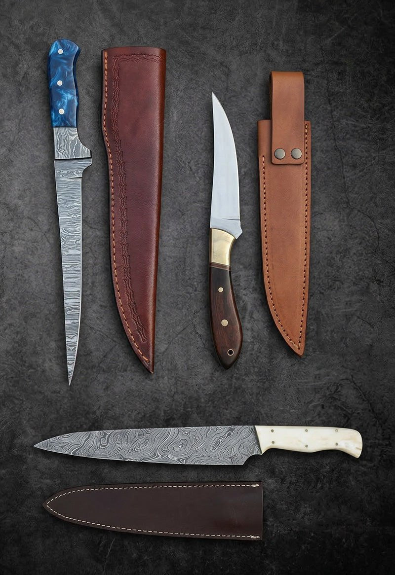 Handmade Damascus steel fillet knife with flexible blade, bone handle and leather sheath – JW Steel Crafts custom fish fillet knife collection