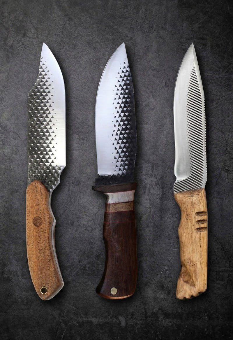 Handmade forge-file knives with textured steel blades and walnut wood handles – JW Steel Crafts custom Western forge-file knife collection