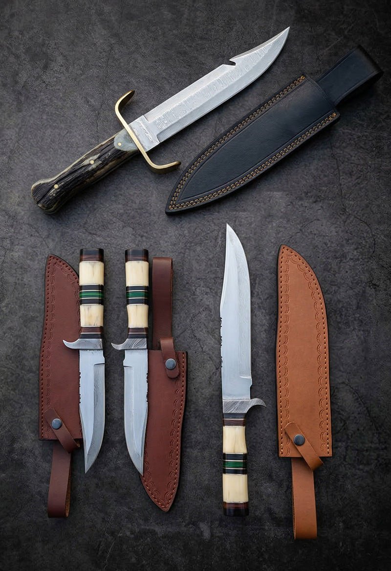 Custom handmade Frontier Bowie knives with stainless steel blades, bone handles and brown leather sheaths – JW Steel Crafts Frontier Bowie knife set