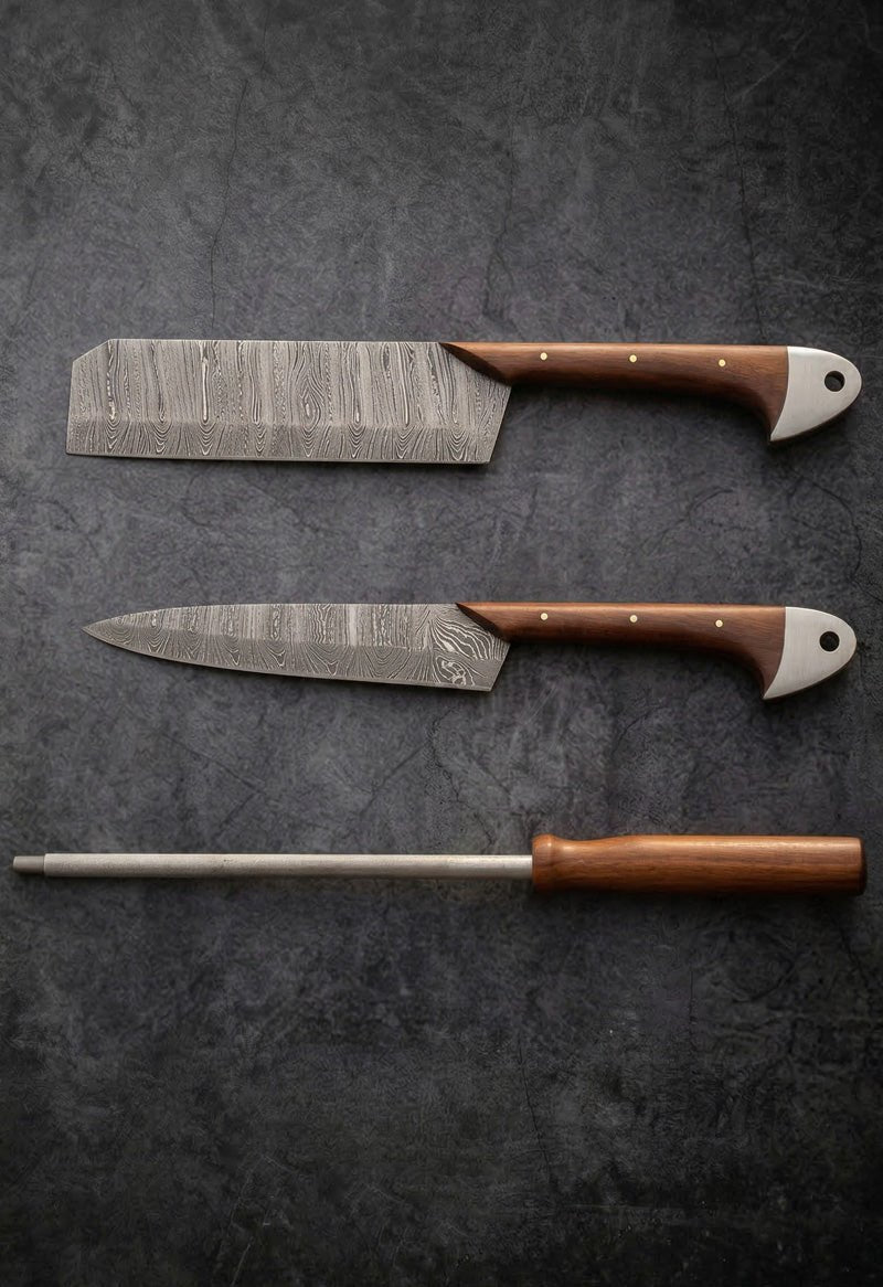 Handmade Damascus steel hunting knife set with cleaver, fillet and utility knives with walnut wood handles and honing rod – JW Steel Crafts hunting knife gift set