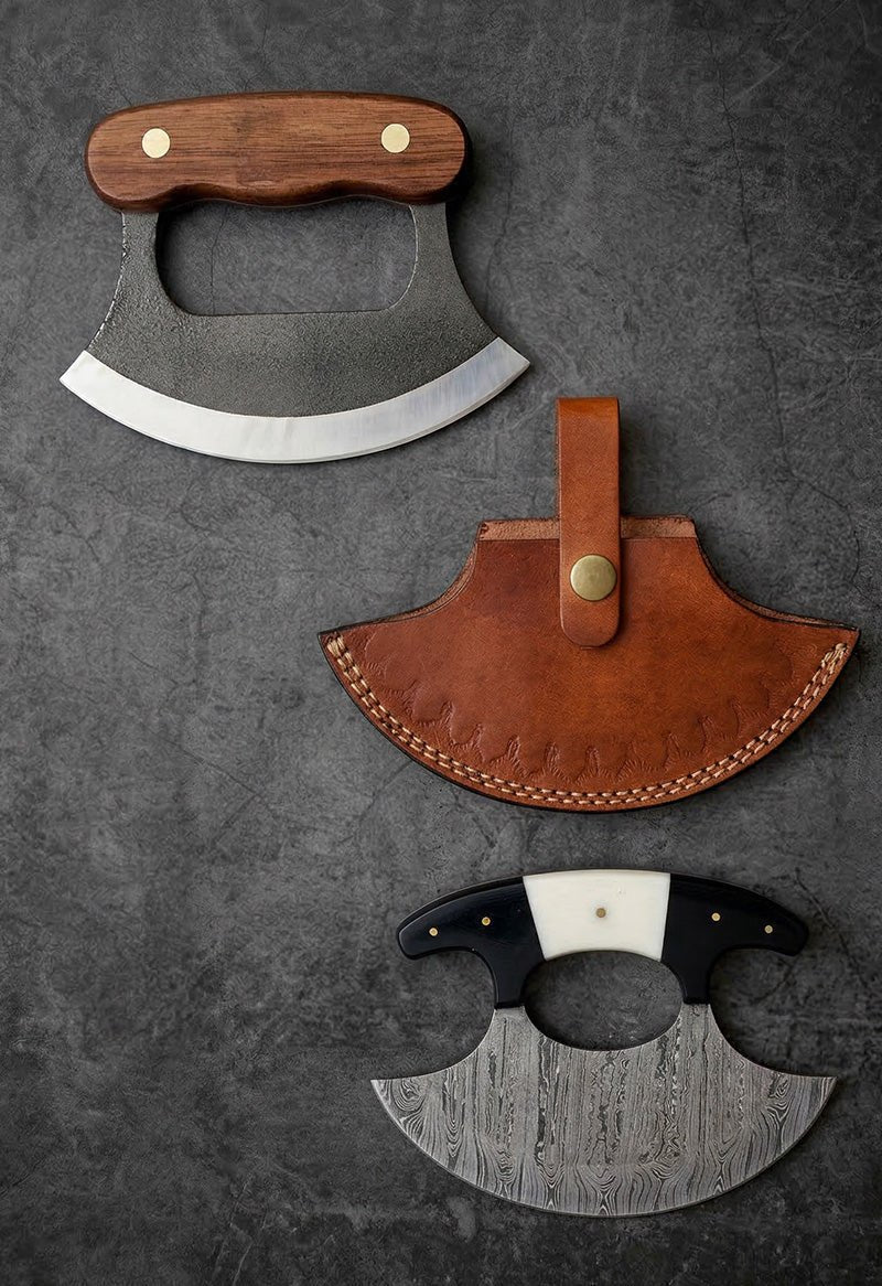 Handmade Ulu knife with curved Damascus steel blade and leather sheath – JW Steel Crafts custom Alaskan Ulu chopper knife collection
