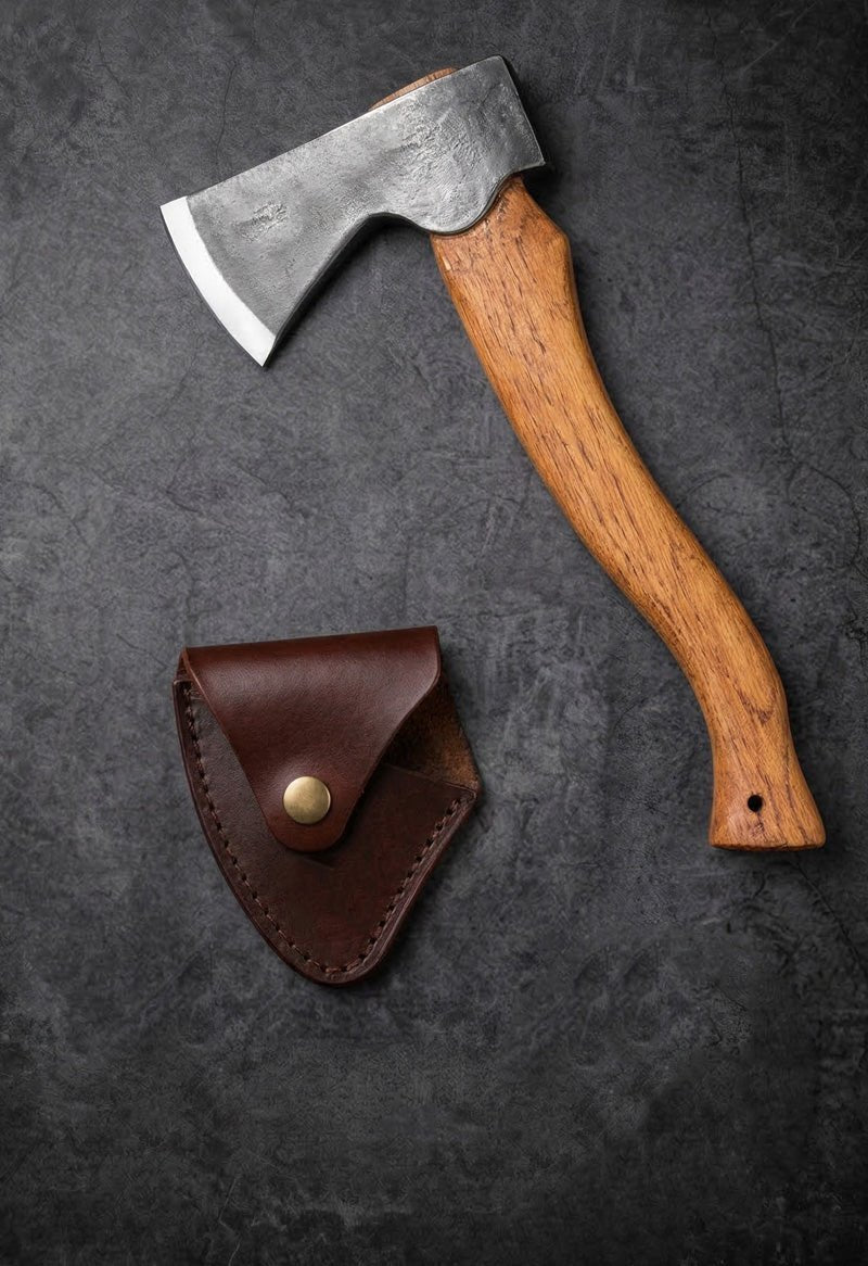 Handmade high carbon steel hatchet with long wood handle and brown leather sheath – JW Steel Crafts custom forged hatchet collection