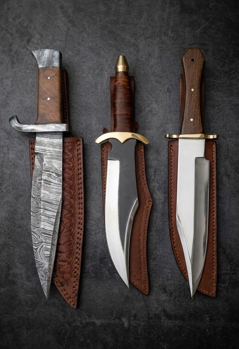 Custom handmade hunting Bowie knives with Damascus steel blades, wood handles and brass bolsters in leather sheaths – JW Steel Crafts hunting Bowie knife set
