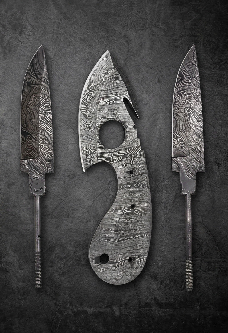 Handmade Damascus steel knife blade blanks including drop point, karambit and spear point profiles for custom knife making – JW Steel Crafts raw knife blade blank supply collection