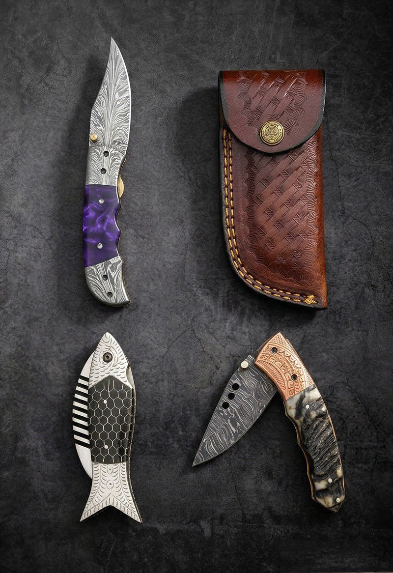 Handmade Damascus steel liner lock folding knives with purple resin, stag horn and fish-shaped novelty handles and tooled leather sheath – JW Steel Crafts custom liner lock pocket knife collection
