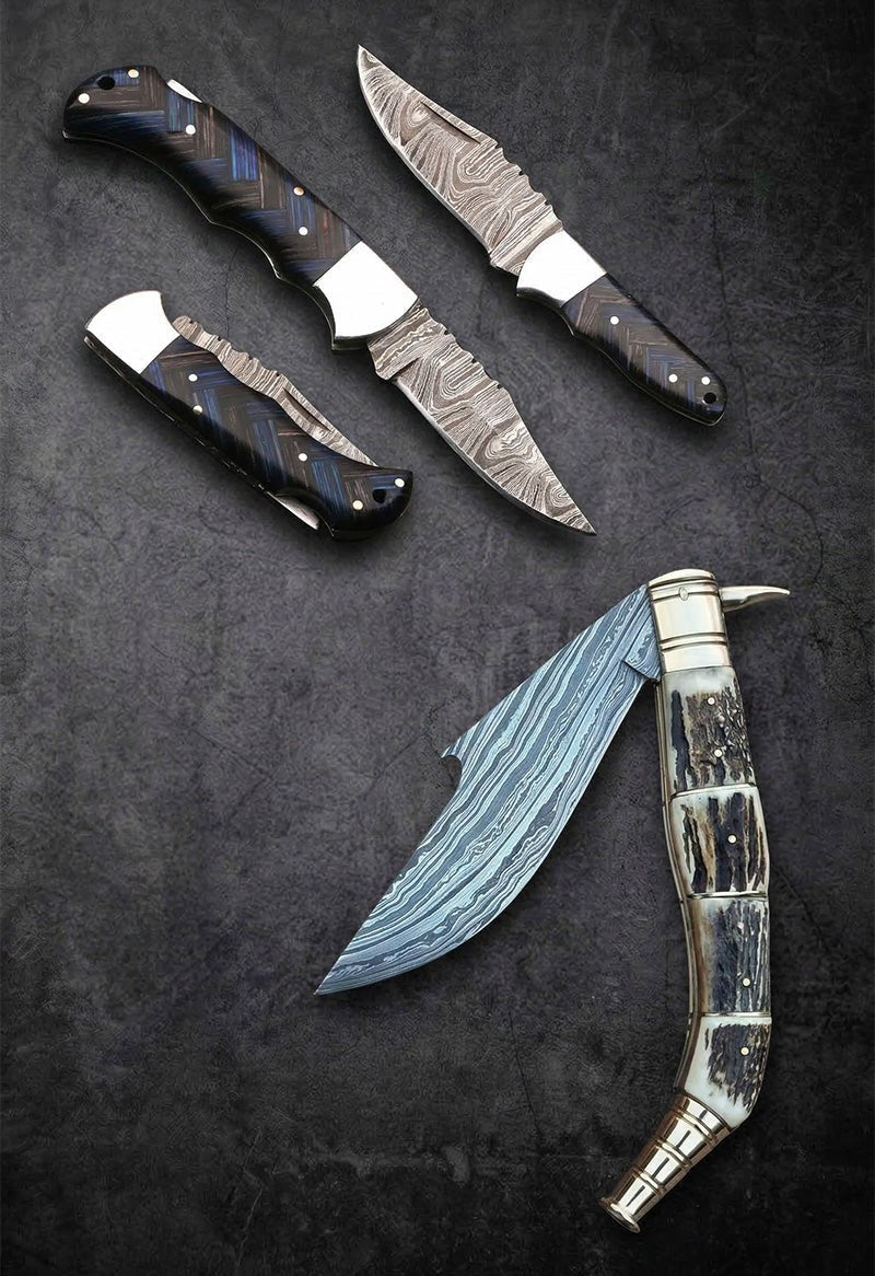 Set of handmade Damascus steel lock back folding knives with blue titanium, wood and stag horn handles – JW Steel Crafts custom lock back pocket knife collection