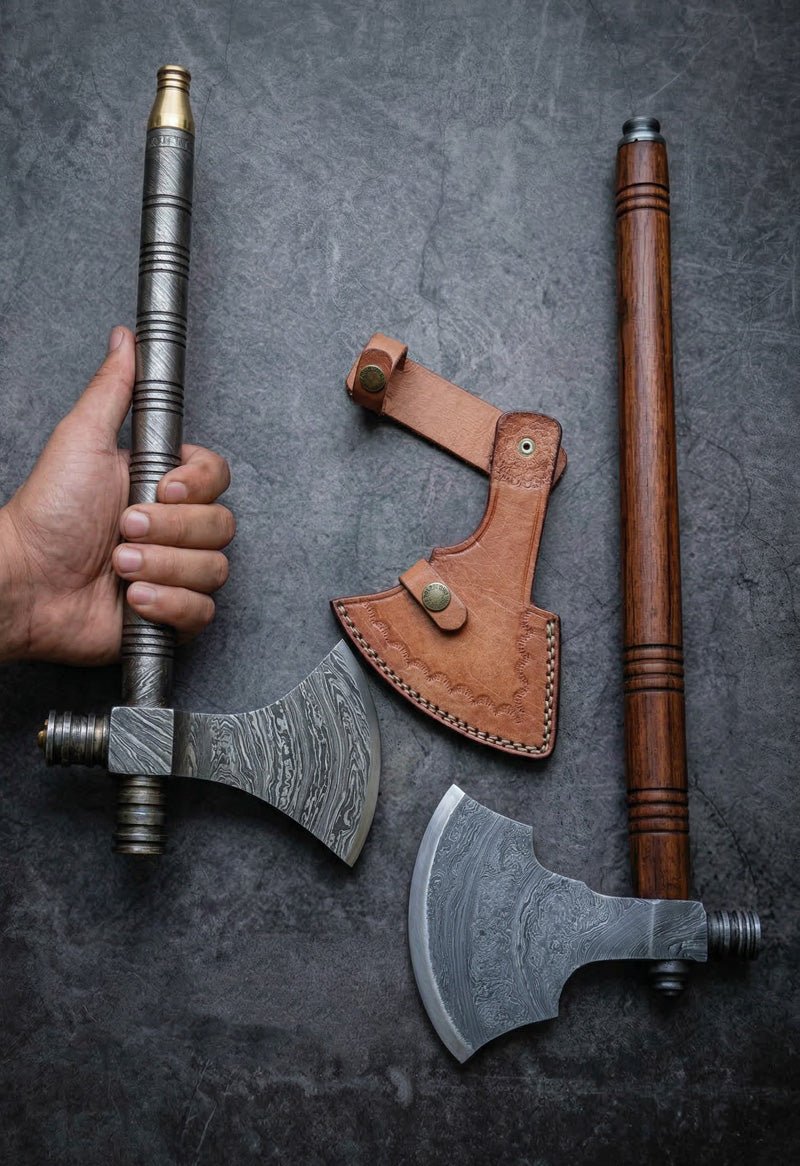 Handmade Damascus steel pipe tomahawks with brass fitting, wood handles and leather sheath held by hand – JW Steel Crafts custom Native American style pipe tomahawk collection