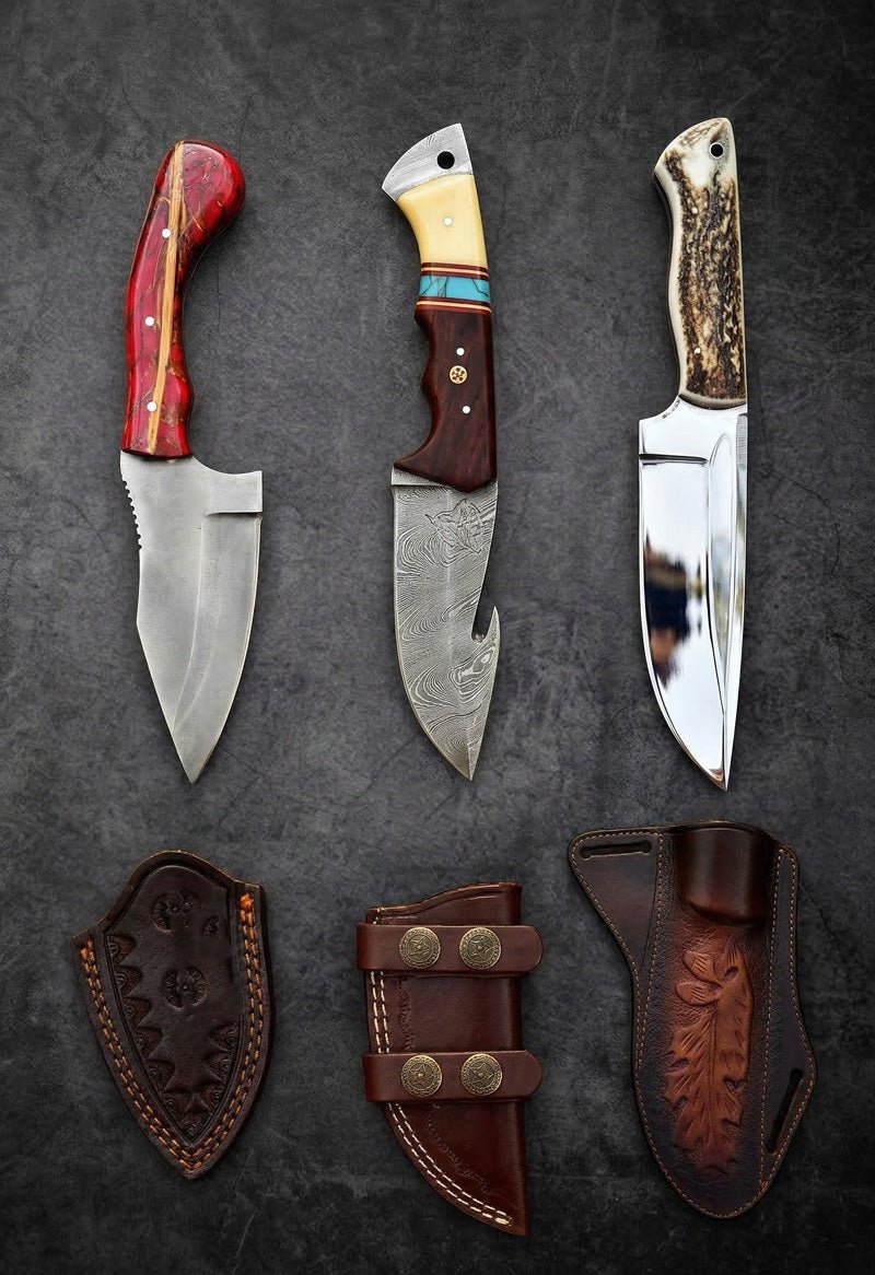 Custom handmade premium hunting knives with Damascus steel blades, red and stag horn handles and tooled leather sheaths – JW Steel Crafts premium hunting knife collection
