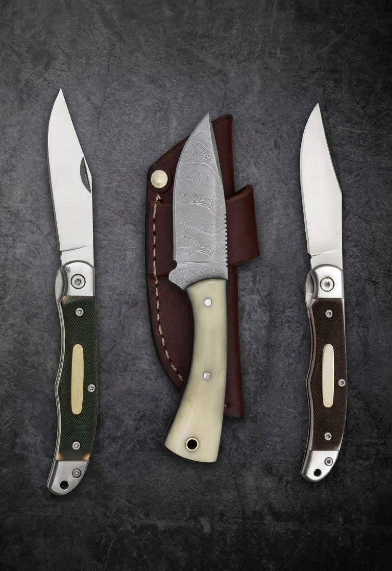 Handmade Ranch Hand knives with Damascus steel blades, bone handles and leather sheaths – JW Steel Crafts Western ranch hand knife collection