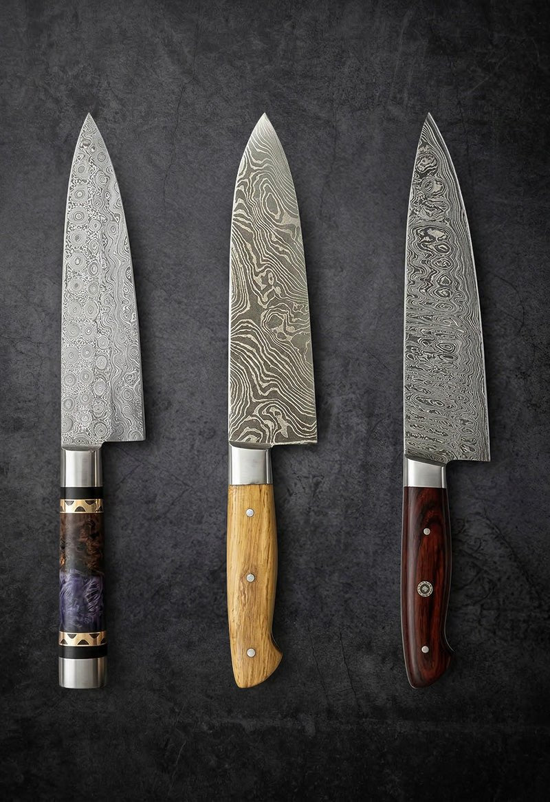 Handmade Damascus steel Santoku knife with purple resin and olive wood handle – JW Steel Crafts custom Japanese-style Santoku kitchen knife