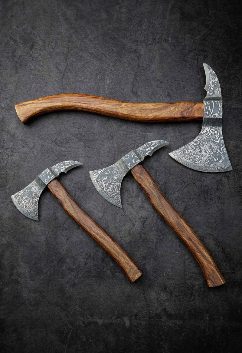 Handmade Damascus steel spike tomahawks with engraved axe heads and curved walnut wood handles – JW Steel Crafts custom tactical spike tomahawk collection