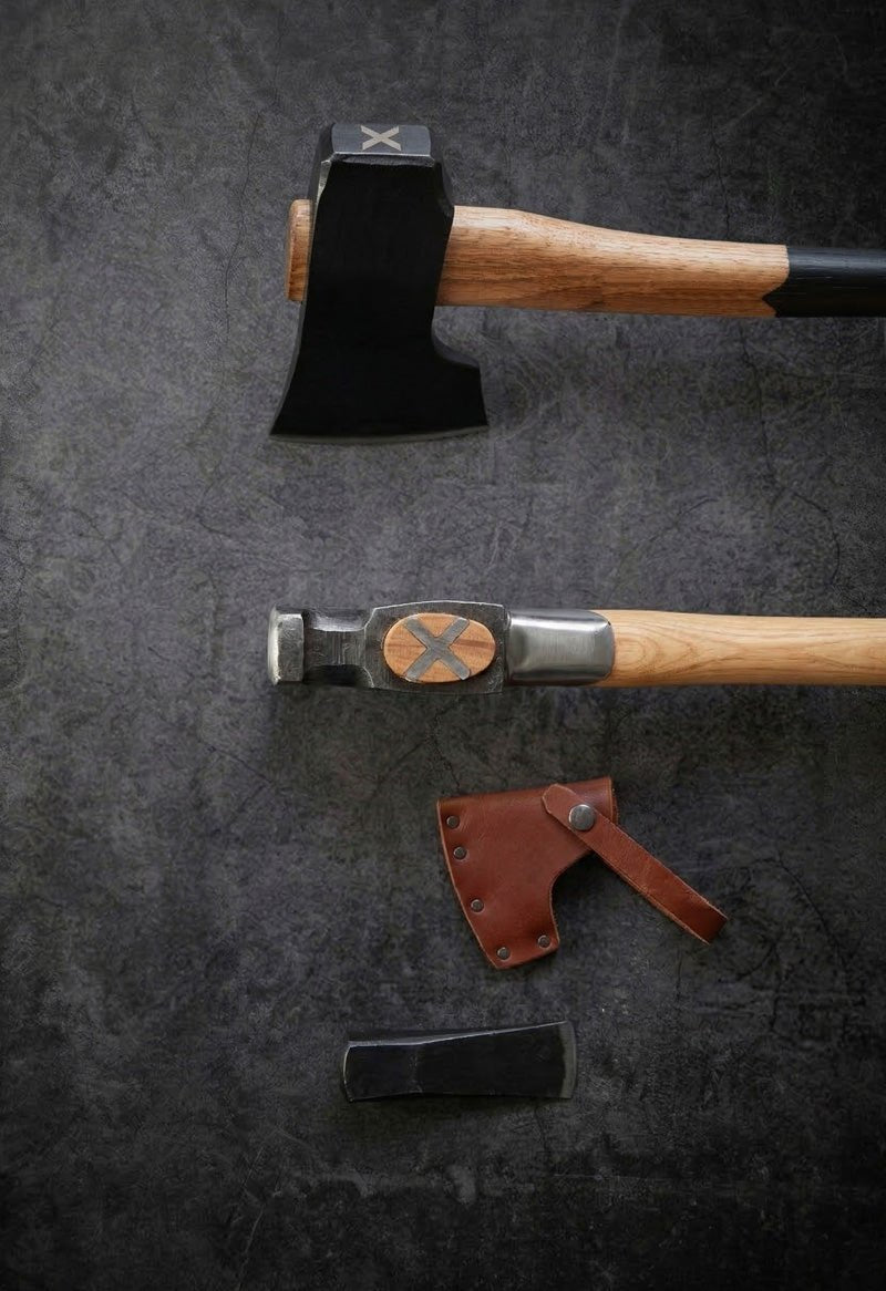 Handmade splitting axe with forged steel head, wood handle and compact leather sheath – JW Steel Crafts custom wood splitting axe collection