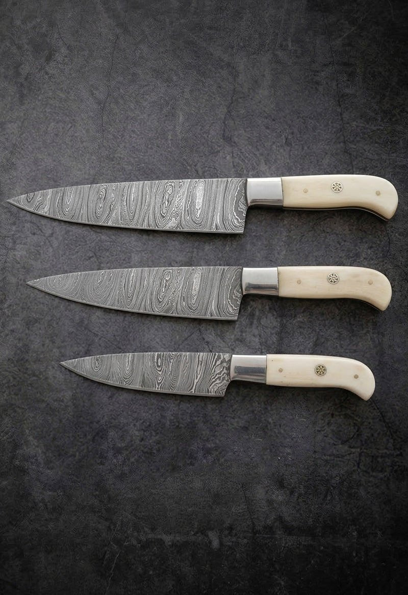 Set of handmade Damascus steel steak knives with bone and wood handles – JW Steel Crafts custom dining steak knife collection